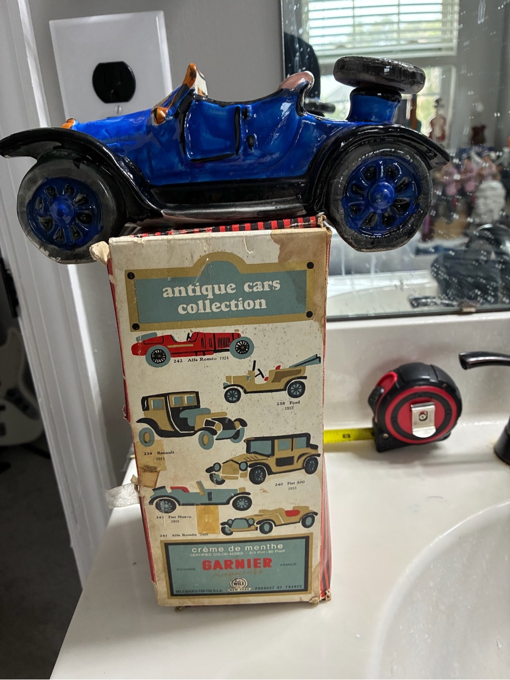 Vintage Garnier Crème de Menthe liquor decanter as a 1913 Fiat with original box